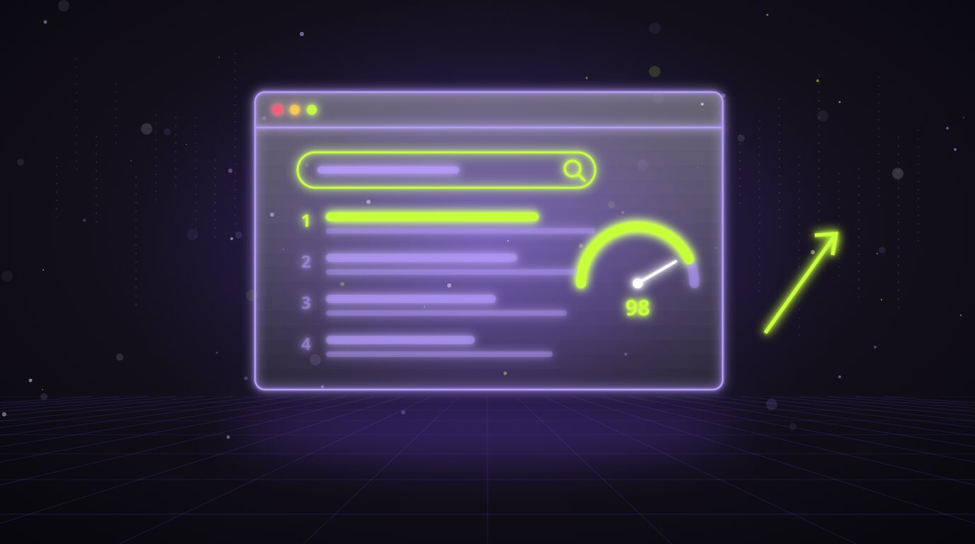 Ventana de navegador con resultados de búsqueda y medidor de rendimiento web